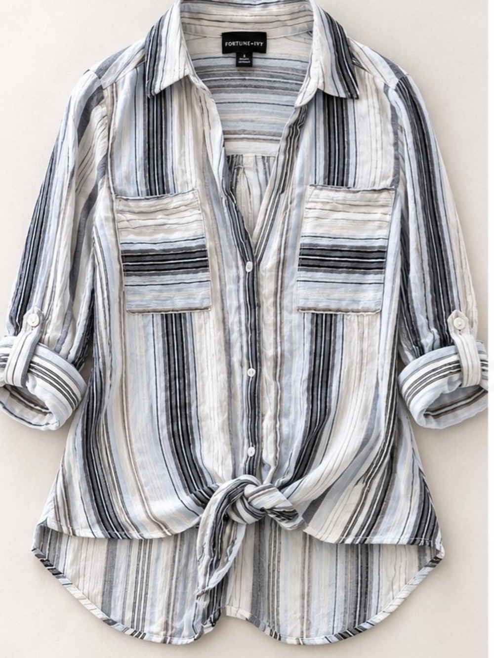 Women's Striped Button-Front Tie Hem Shirt - White & Gray